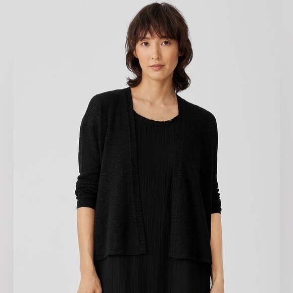 Eileen Fisher Black Open Front Knit Cardigan Wool/Cashmere/Silk Blend Medium